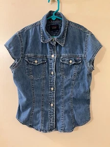 TOMMY JEANS Button Front Denim Blue Jean Short Sleeve Shirt Girl's Size M VGC - Picture 1 of 9