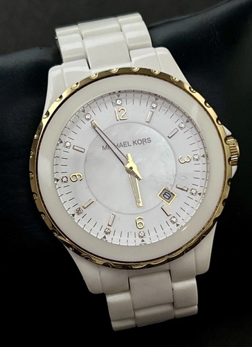 Orologio MICHAEL KORS Madison Donna 43mm Quarzo Data Cassa Bianca Bracciale Quadrante MOP
