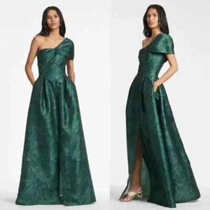 Sachin & Babi Deliah One Shoulder Mikado Gown Malachite Bouquet Sz 4 NEW $995 - Picture 1 of 6