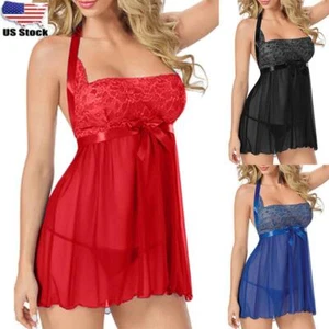 Neckholder-Dessous Nachtwäsche Unterwäsche Nachtwäsche Babydoll + G-String Spitzenkleid für Damen - Bild 1 von 14