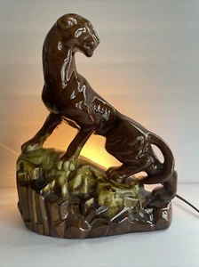 Mid Century Modern TV Lamp Ceramic Panther On Mountain  Works! - Picture 1 of 7