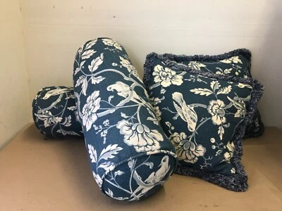 Blue & White Decorative Linen Floral Bolster & Square Pillows Set of 4 - Image 1 of 3