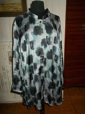 Chemisier viscose stretch CHALOU 58FR 30UK 56D blanc tacheté noir/bleu col mao Foto 1 de 4