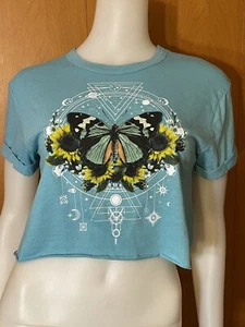 NEU BLAU SONNENBLUME SCHMETTERLING ERNTE T-SHIRT TOP MOND PLANETEN SPACE XS - Bild 1 von 4