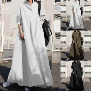 Womens Oversized Kaftan Baggy Maxi Dress Long Sleeve Collared Casual Loose Solid - Picture 1 of 14