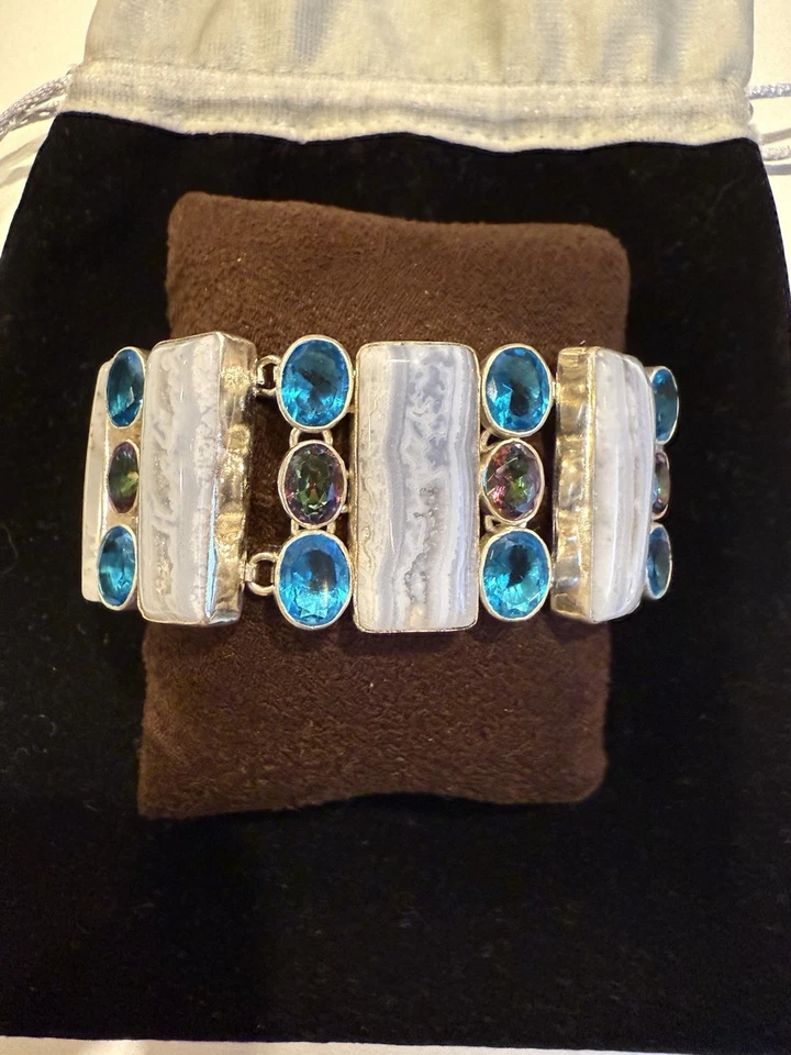 Nuevo Brazalete de Ágata de Encaje, Piedras de Topacio Místico y Azul, en Plata de Ley Foto 1 de 4