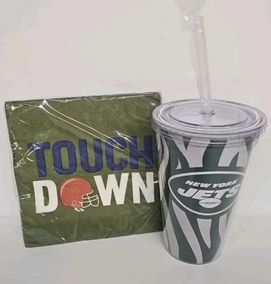 New York Jets Team Slogan 20oz Tumbler with Straw And TOUCHDOWN NAPKINS - Image 1 of 4