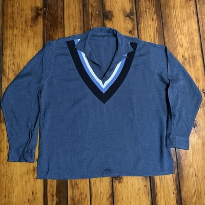 Vintage 50s Rayon Gabardine Pullover Loop Collar Shirt Button Striped Rockabilly - Image 1 of 4