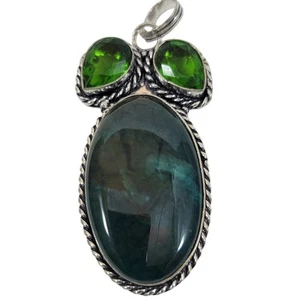 Silver Pendant with Labradorite and Green Quartz Gemstones in Handmade Setting - Picture 1 of 10