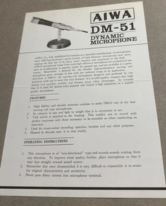 Hoja de especificaciones de micrófono dinámico AIWA DM-51 publicidad instrucciones de funcionamiento - Imagen 1 de 5