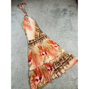 Vintage Y2K wunderschönes rosa/beige Blumen tropisch Drop Waist Neckholder Midi Sommerkleid  - Bild 1 von 8