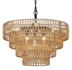 Lampadario in rattan Boho 6 luci plafoniera a livelli 20" - Foto 1 di 4