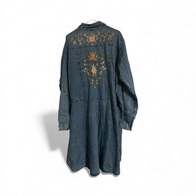 Vintage Nostalgia Denim Shirt Dress Beautiful Embroidery On Back Plus 3x Boho - Image 1 of 4