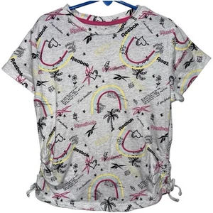 Reebok T-Shirt Girls Grey Graffiti Palm Tree Rainbow Heart Cinched Waist Small - Picture 1 of 5