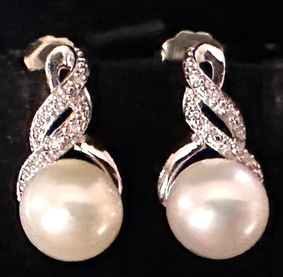 Lote de Joyería Pendientes DE COLECCIÓN MARCA RL 925 PLATA ESTERLINA PERLA DIAMANTE Perforada y Foto 1 de 3