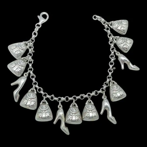 LOADED VINTAGE STERLING SILVER CHARM BRACELET - PUFFY PURSE HIGH HEEL 7" - Picture 1 of 9