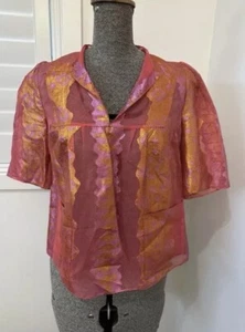 Scanlan Theodore Pink Orange Silk Tinsel Puff Sleeve Top Blouse S M 8 10 - Bild 1 von 13