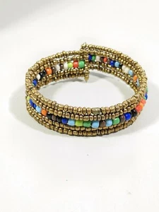 Artisan Bronze Tone Colorful Glass Bead Open Cuff Tribal Style Bracelet - Picture 1 of 6