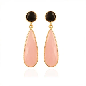 Pink Chalcedony Onyx Gold Plated Long Bezel Set Statement Teardrop Stud Earring - Picture 1 of 3