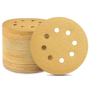 105PCS 5 in 60 80 120 150 220 320 400 Grit Gold Sanding Discs 8-Hole Hook Loop - Picture 1 of 11