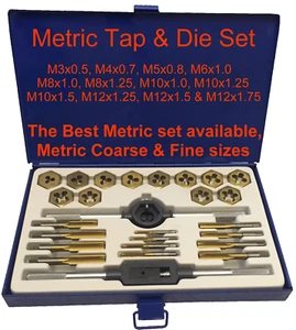 METRIC Coarse Fine Tap and Die Set M3 M4 M5 M6 M8 M10 M12 Boxed Kit Taps Dies  - Picture 1 of 4