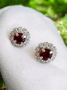 Elegant Silver Rhodium Simulated Ruby and Diamond Cute Chic Halo Stud Earrings - Picture 1 of 5