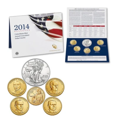 U.S. Mint Uncirculated Dollar Coin Set 6 Dollar Coins & 2014-W SILVER EAGLE OGP - Image 1 of 4