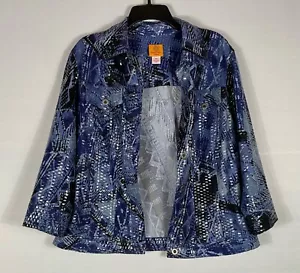 Ruby Rd Jacket Womens 16W Blue Shiny Animal Print Button Up Pockets Long Sleeve - Picture 1 of 7