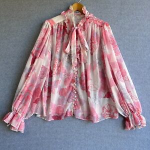 LEO LIN Top Women Sz 10 Pink Floral Button Up Long Sleeve Ruffle High Neck Sheer