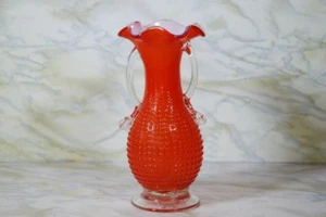 Vase Hand Blown Hobnail Cased Glass with Handles Tomato Red Orange Vintage - Picture 1 of 6