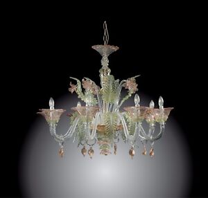 Elegant Murano glass chandelier 8 light green, pink, gold and crystal