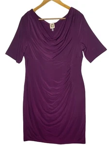 Anne Klein Purple Cowl Neck Sheath Dress ½ Sleeve Lined – Size 14 - Picture 1 of 4