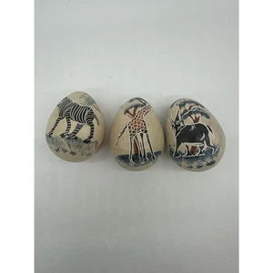 Carved Stone Eggs Set of Three with African Animals 2" Oval Eggs Home Decor - Picture 1 of 10