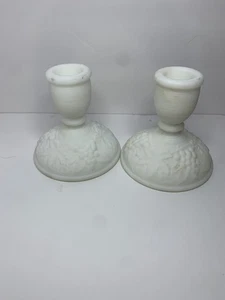 VINTAGE IMPERIAL MILK GLASS GRAPE PATTERN CANDLE HOLDER- SET OF 2 - Picture 1 of 4
