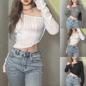 Elegant Off Shoulder Long Sleeve Tee for Women Available in Various Shades - Picture 1 of 21