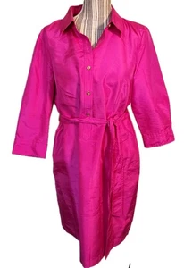 Talbots 100% Silk Shirt Dress Belted Hot Pink 3/4 Sleeve Collared Size 14P Lined - Picture 1 of 7