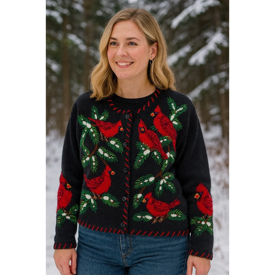 Opções de design suéter feminino Philip Jane Gordon pequeno bordado de pássaro cardinal - Imagem 1 de 4