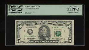 DBR 1995 $5 Atlanta Fr. 1985-F PCGS 35 PPQ Serial F93087377D - Picture 1 of 2