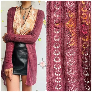 Vintage 90s Y2K Raspberry Crochet Duster Robe Fairy Grunge Boho Cottagecore - S - Picture 1 of 9