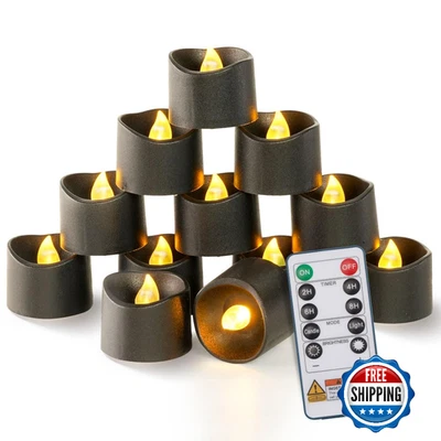 Homemory 12 Black LED Tea Lights, Remote & Timer, 400H Flickering Flameless Voti - Image 1 of 4