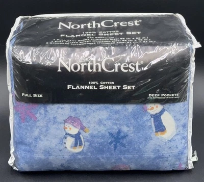 Northcrest Flannel Sheet Set FULL 4 Piece Snowman Blue 100% Cotton Deep Pocket - Image 1 of 4
