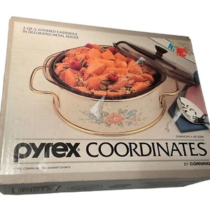 Pyrex Coordinates Symphony 2 Qt. Set Baking Dish In Metal Server Round Lid Box n - Picture 1 of 16