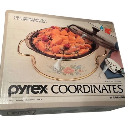 Pyrex Coordinates Symphony 2 Qt. Set Baking Dish In Metal Server Round Lid Box n - Image 1 of 4
