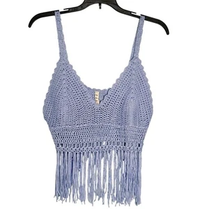 POL Womens Large Crochet Babydoll Boho Fringe Crop Top Lt Blue Bralette Festival - Picture 1 of 9