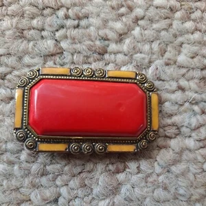 Antique Vintage Art Deco Coral Enamel Cabochon Yellow Enamel Accent Frame Brooch - Picture 1 of 3