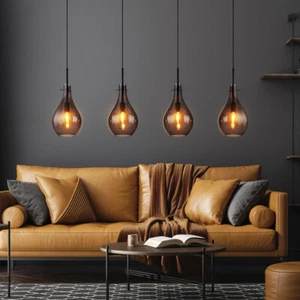 Lampadario Lampada Luce Sala da Pranzo 4-Flammig Vetro Fumé Metallo Nero - Foto 1 di 7