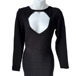 Bebe Black Stretch Cutout Dress Medium City Chic Bodycon Sexy Bandage Fabric SEE - Picture 1 of 16