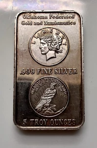 Vintage Oklahoma Federated Gold & Numismatics 5 Feinunzen 0,999 Feinsilberbarren - Bild 1 von 2