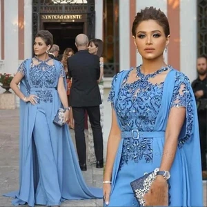Elegantes Vestidos de Baile de graduación Azul Cielo Apliques de Encaje Lentejuelas con Capa Vestidos de Noche - Imagen 1 de 8