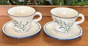2 Union Stoneware Maine Studio Pottery Blueberry Pattern Tea Cup & Saucer Sets - Picture 1 of 4